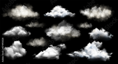 Vector set of realistic isolated cloud or smoke on black background as weather element. Cloud pattern, nature sky or food smoke symbol. Fire smoke wave, cloud overlay texture or smoking explosion art.