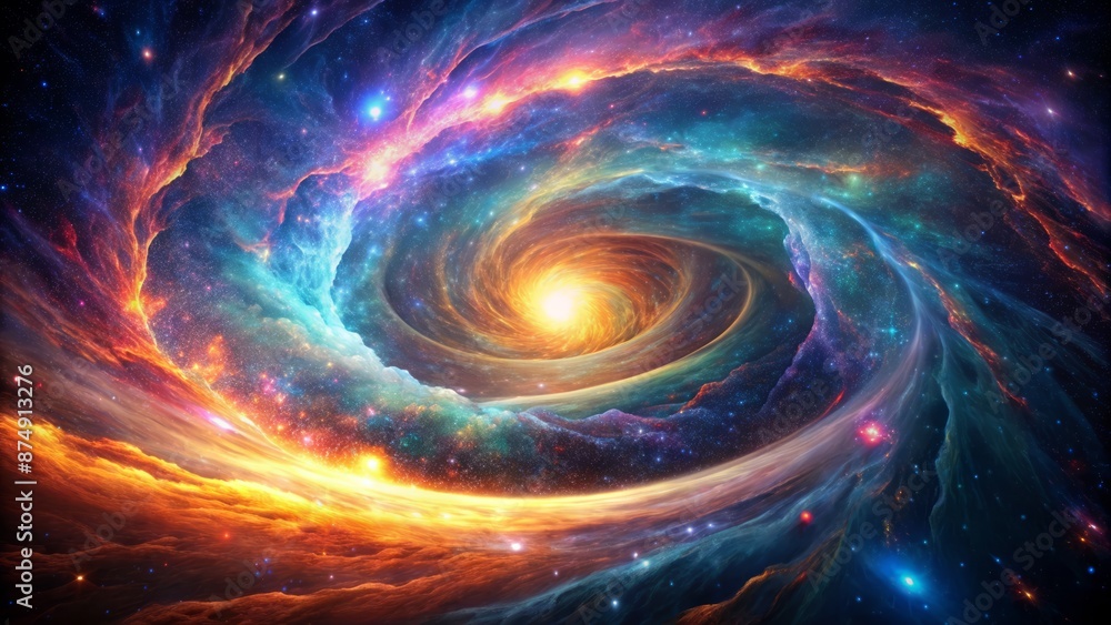Vibrant swirl of iridescent gas erupts in mesmerizing cosmic blast, with tendrils of energy radiating from central vortex in darkness. Vibrant swirl of iridescent gas erupts in mesmerizing cosmic blast, with tendrils of energy radiating from central vortex in darkness.