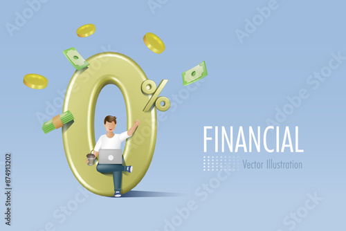 Man sit on 0% interest rate sign. Low Interest fee promotion offers for mortgage loan, home refinance. 3D vector.