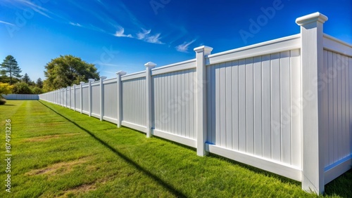 Clean white vinyl panel fence stretches horizontally into the distance, with a slight angle, against a clear blue sky background.