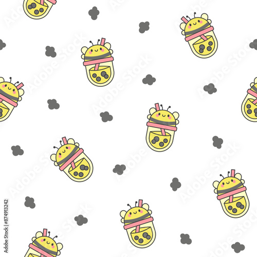 Matcha bubble tea with animal faces. Seamless pattern. Boba beverage. Hand style. Vector drawing. Design ornaments.