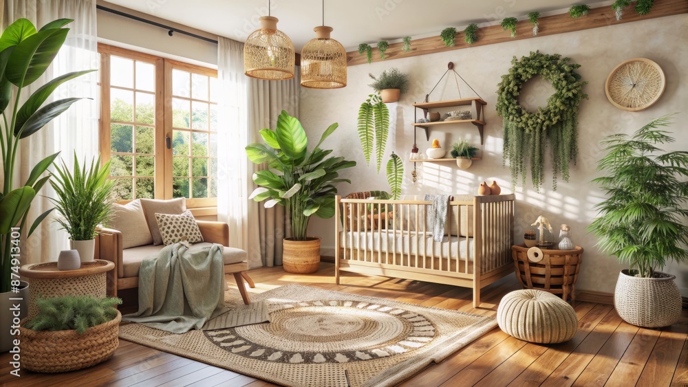 custom made wallpaper toronto digitalWhimsical bohemian nursery interior features eclectic mix of wood accents, woven textiles, and lush greenery amidst soft, natural lighting.