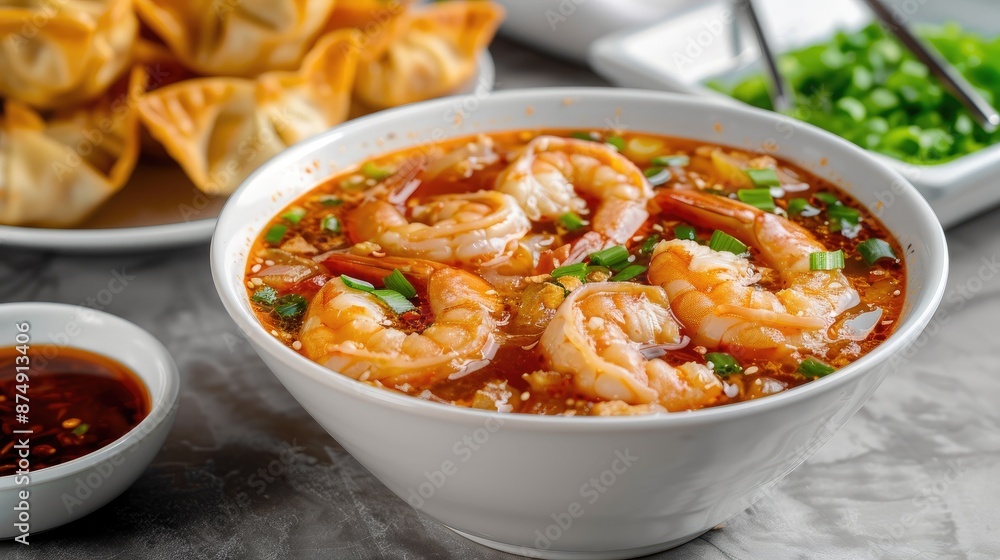Bowl of spicy prawn soup with a side of crispy wontons and a dipping sauce Bowl of spicy prawn soup with a side of crispy wontons and a dipping sauce
