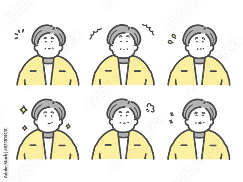 様々な表情をするシニア女性のイラスト　セット