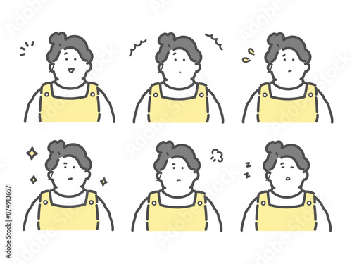 様々な表情をするエプロンを着用した女性のイラスト　セット