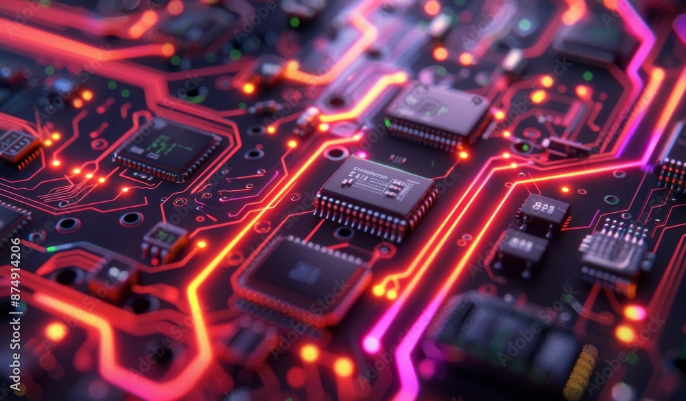 Obraz premium Abstract Circuit Board with Red Glowing Lines.