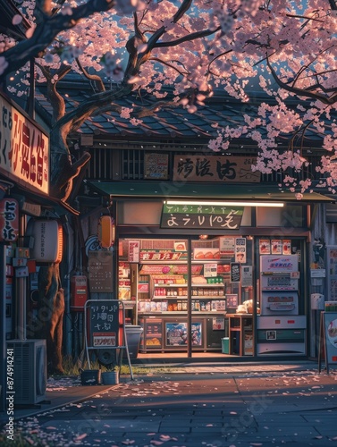 Japanese Convenience Store at Night Under Cherry Blossoms. photo