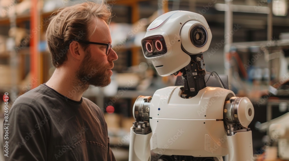 Fototapeta premium A humanoid robot interacting with a human colleague in a workplace setting.