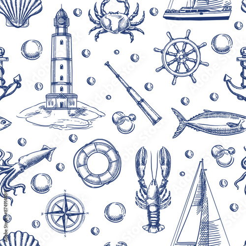 Nautical vintage seamless pattern with lighthouse, ship, anchor, sea animals. Vector hand drawn sketch illustration. Marine travel background. Fashion textile print, fabric, wrapping paper design
