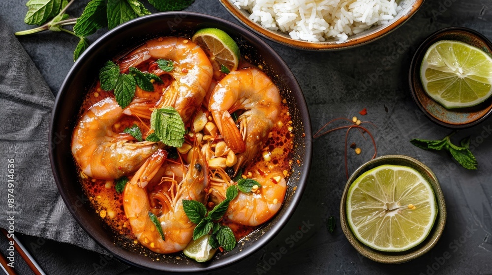 Bowl of spicy prawn soup with a side of jasmine rice and fresh lime slices Bowl of spicy prawn soup with a side of jasmine rice and fresh lime slices