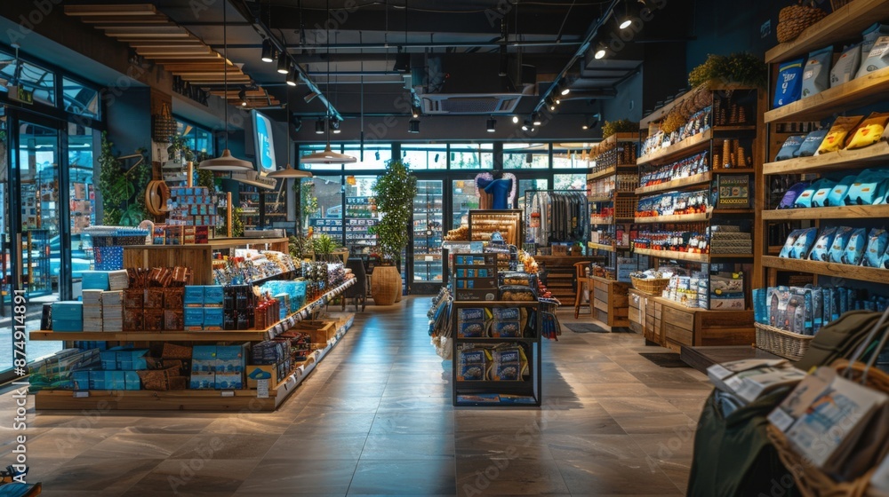 Obraz premium An interior view of a modern, well-lit retail store with neatly organized shelves displaying a variety of products.