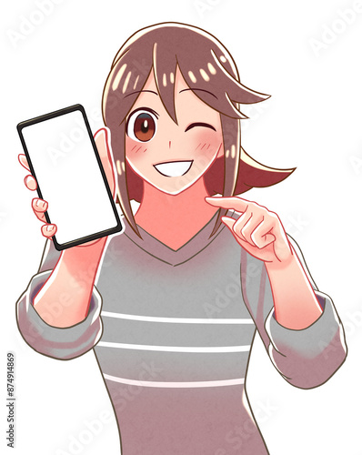 スマホを指さして見せる女の子のイラスト