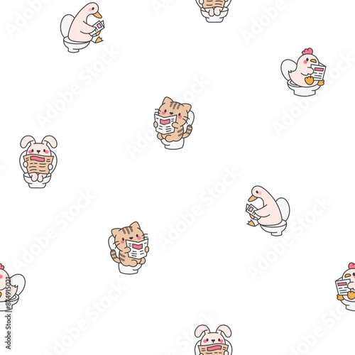 Cute animal pooping on toilet and read newspaper. Seamless pattern. Funny cartoon characters. Hand drawn style. Vector drawing. Design ornaments.
