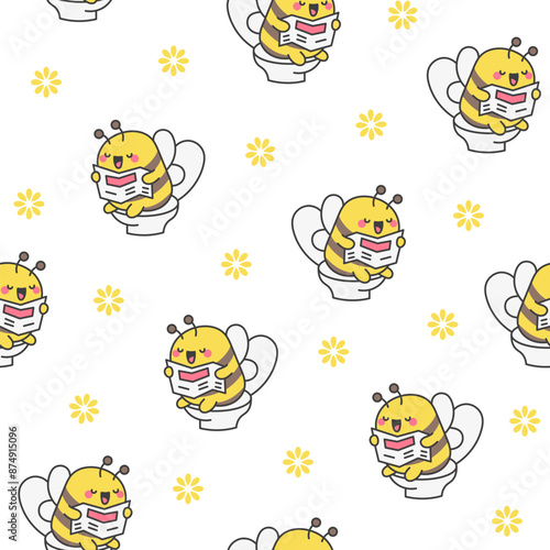 Cute animal pooping on toilet and read newspaper. Seamless pattern. Funny cartoon characters. Hand drawn style. Vector drawing. Design ornaments.