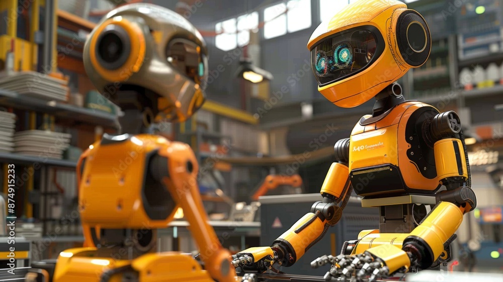 Two robots interacting in a modern industrial setting.