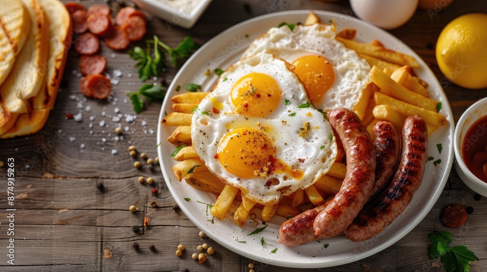 Classic American diner scene with a plate of fried eggs, hash browns, and sausage links Classic American diner scene with a plate of fried eggs, hash browns, and sausage links