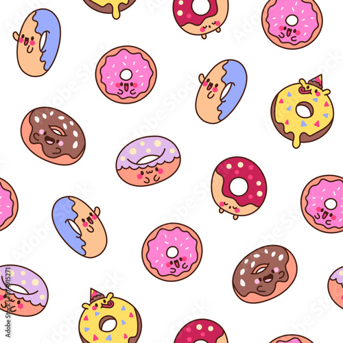 Cute cartoon kawaii donut. Seamless pattern. Sweet doughnuts characters. Hand drawn style. Vector drawing. Design ornaments.