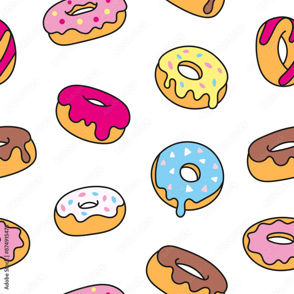 Donuts with glaze. Seamless pattern. Sweet doughnuts. Chocolate confectionery. Hand drawn style. Vector drawing. Design ornaments. Donuts with glaze. Seamless pattern. Sweet doughnuts. Chocolate confectionery. Hand drawn style. Vector drawing. Design ornaments.