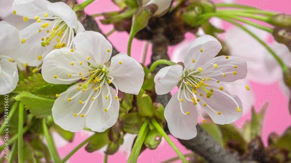 White flowers blooming on pink background in spring Time lapse White flowers blooming on pink background in spring Time lapse