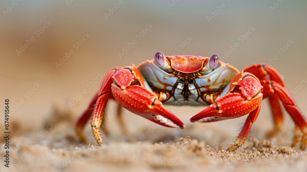 Close-up of a red crab crawling on a sandy beach Close-up of a red crab crawling on a sandy beach