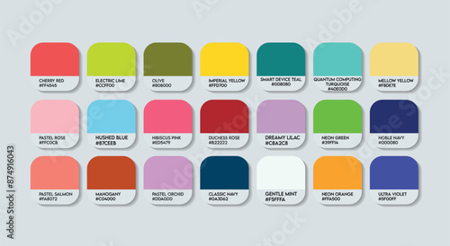 Fashion Trend Color Guide Palette with Color Names. Catalog Samples Fashion Trends with RGB HEX codes and Names. Colorful Paint Palette Vector, Wood, Plastic China Multicolor Color Palette Vector
