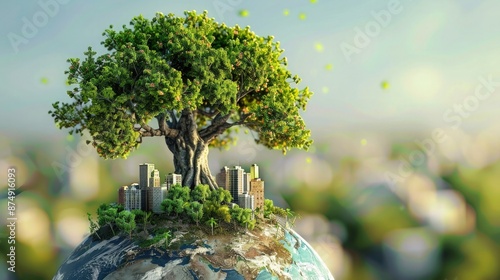 A healthy green tree, acting as a powerful symbol of ecological responsibility, grows on a small segment of the Earth surrounded by miniature city models.
