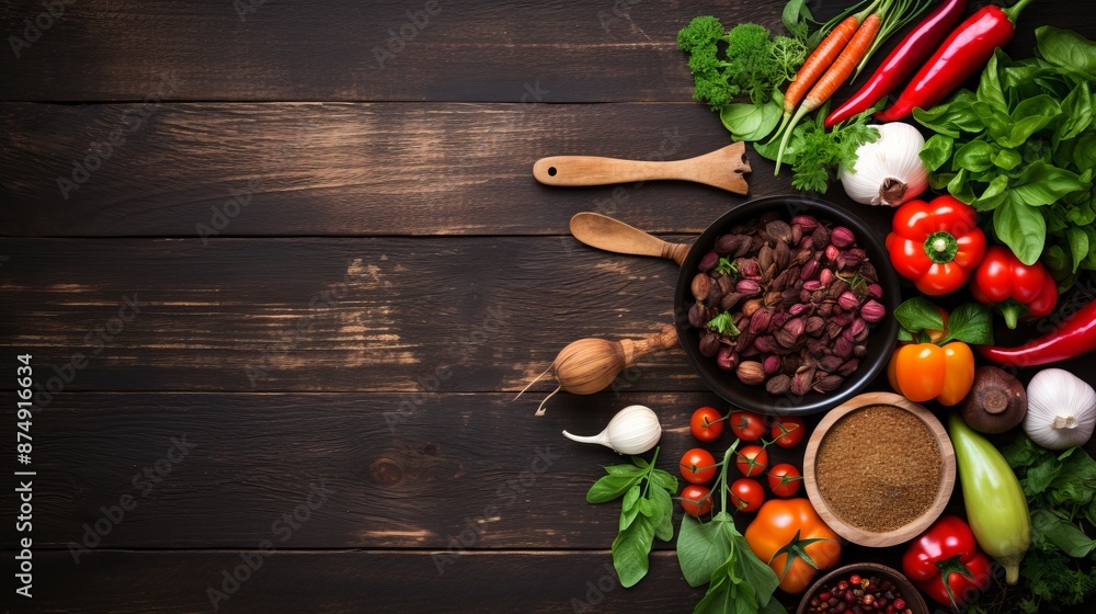Top view of organic vegetable ingredients and empty iron cooking pot on wooden background with copy space. Fresh ingredients for vegan cooking and clean eating concept. Rustic kitchen scene with woode Top view of organic vegetable ingredients and empty iron cooking pot on wooden background with copy space. Fresh ingredients for vegan cooking and clean eating concept. Rustic kitchen scene with woode