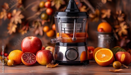 An elegant juicer on a wooden table, paired with a variety of apples and oranges, set against a backdrop of autumn-themed decorations and fruits, highlighting seasonal freshness. photo