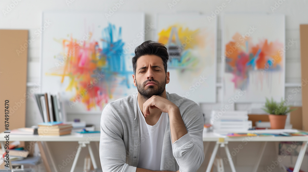 Fototapeta premium A frustrated artist in a chaotic studio, struggling to find inspiration amidst colorful artwork.
