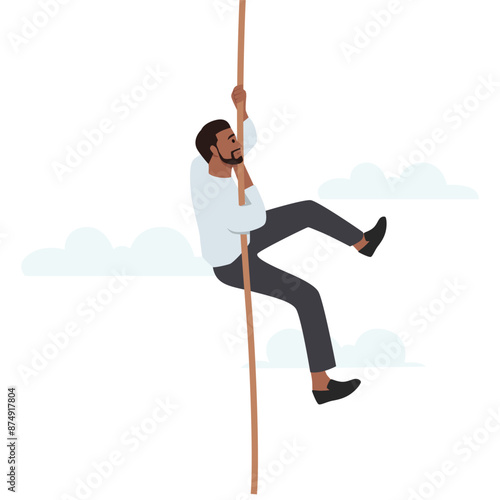 Bearded businessman hanging onto a rope fearing from below. Flat vector illustration isolated on white background