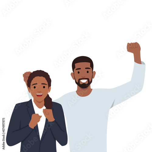 Couple doing winner gesture celebrate clench fists say yes. Flat vector illustration isolated on white background