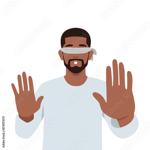 Frightened man blindfolded trying to grope road of action in blind. Flat vector illustration isolated on white background