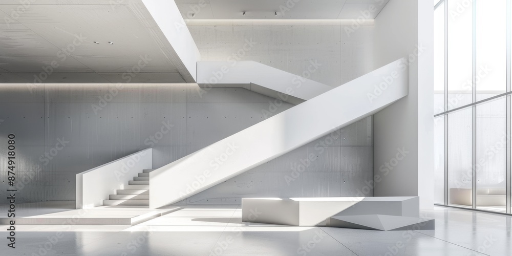 Fototapeta premium Modern Interior Space Featuring Minimalist Design with White Walls and Geometric Shapes, Ideal for Creative Projects and Architectural Study, High-Resolution Wallpaper