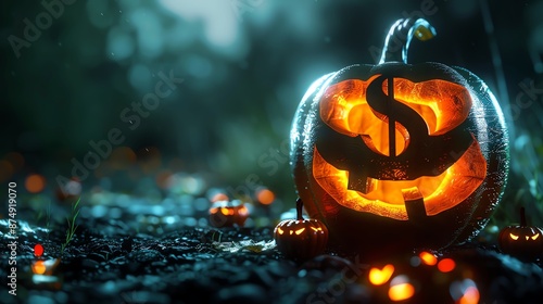 A glowing pumpkin with a dollar sign carved into it sits in a dark forest