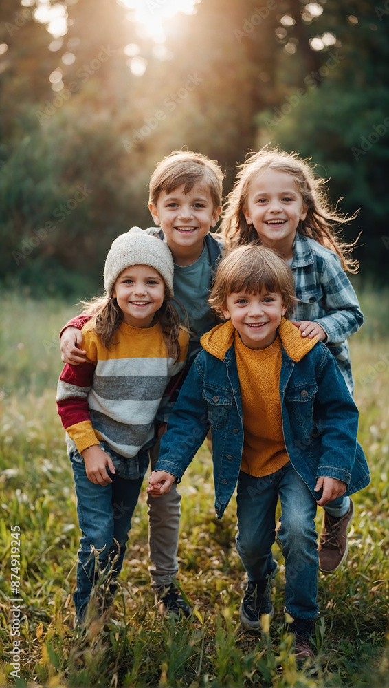 Happy group of kids children friends playing having fun outdoors in the park. active, relaxing, cheerful, childish emotions Happy group of kids children friends playing having fun outdoors in the park. active, relaxing, cheerful, childish emotions