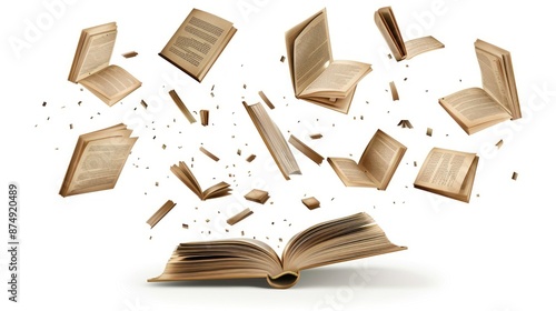 Open book falling isolated on white background, a book flying in the air floating concept to foster the desire to read and learn for the sake of gaining knowledge