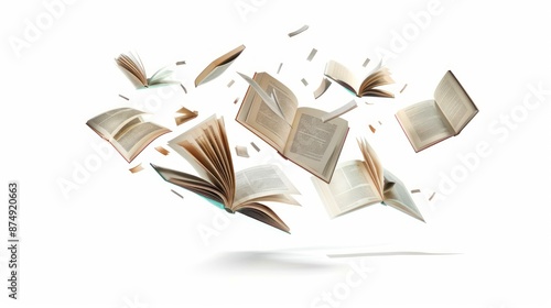 Open book falling isolated on white background, a book flying in the air floating concept to foster the desire to read and learn for the sake of gaining knowledge