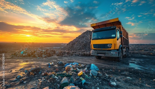 A yellow dump truck unloads waste at a landfill, with a vivid sunset and abundant litter in the background