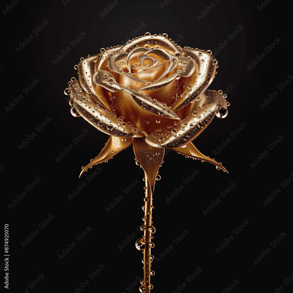Golden Rose with Dew Drops Against Black Background Golden Rose with Dew Drops Against Black Background