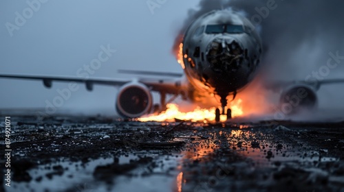 A passenger airplane is seen on a rain-soaked runway, engulfed in flames and smoke, hinting at a recent accident or crash landing in a dire emergency situation. photo