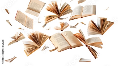 Open book falling isolated on white background, a book flying in the air floating concept to foster the desire to read and learn for the sake of gaining knowledge