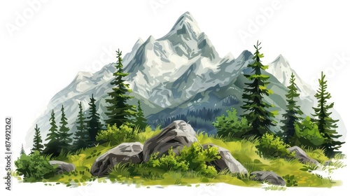 a mountain landscape clipart, camping element, digital painting, realistic style, isolated on white background