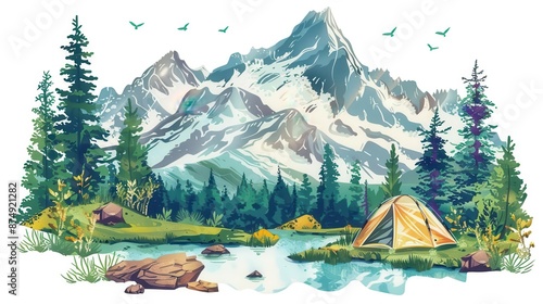 a mountain landscape clipart, camping element, digital painting, realistic style, isolated on white background