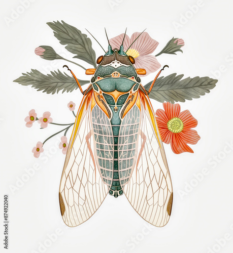 A close-up illustration of a cicada with translucent wings, isolated on a white background