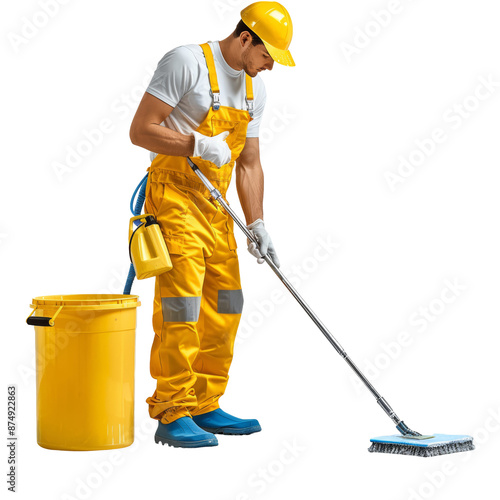 Cleaner Mopping Floor with Professional Equipment Isolated on Transparent or White Background, PNG