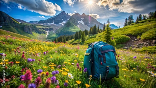 Vibrant turquoise backpack lies abandoned on sun-kissed mountain meadow surrounded by lush greenery and colorful wildflowers under clear sky.