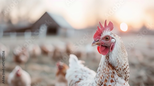 A vividly colored hen in sharp focus with a group of hens and a barn in the blurred background, captured at sunset, depicting the tranquil beauty of farm life at dusk.