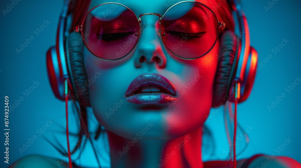 Female fashion model with pink sunglasses and pink headphones on a clean blue background. Female. Audio, music, enjoyment, emotions, listening. Female fashion model with pink sunglasses and pink headphones on a clean blue background. Female. Audio, music, enjoyment, emotions, listening.