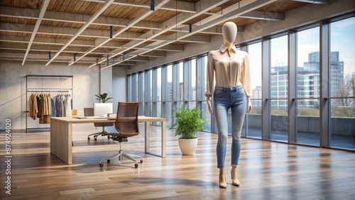 Empty office with fashion design elements, cream-colored shirt and jeans on a mannequin, against a minimalist background setting.