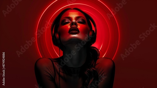 Brunette wearing headphones on a vibrant red background. Female. Audio, music, enjoyment, emotions, listening.	
